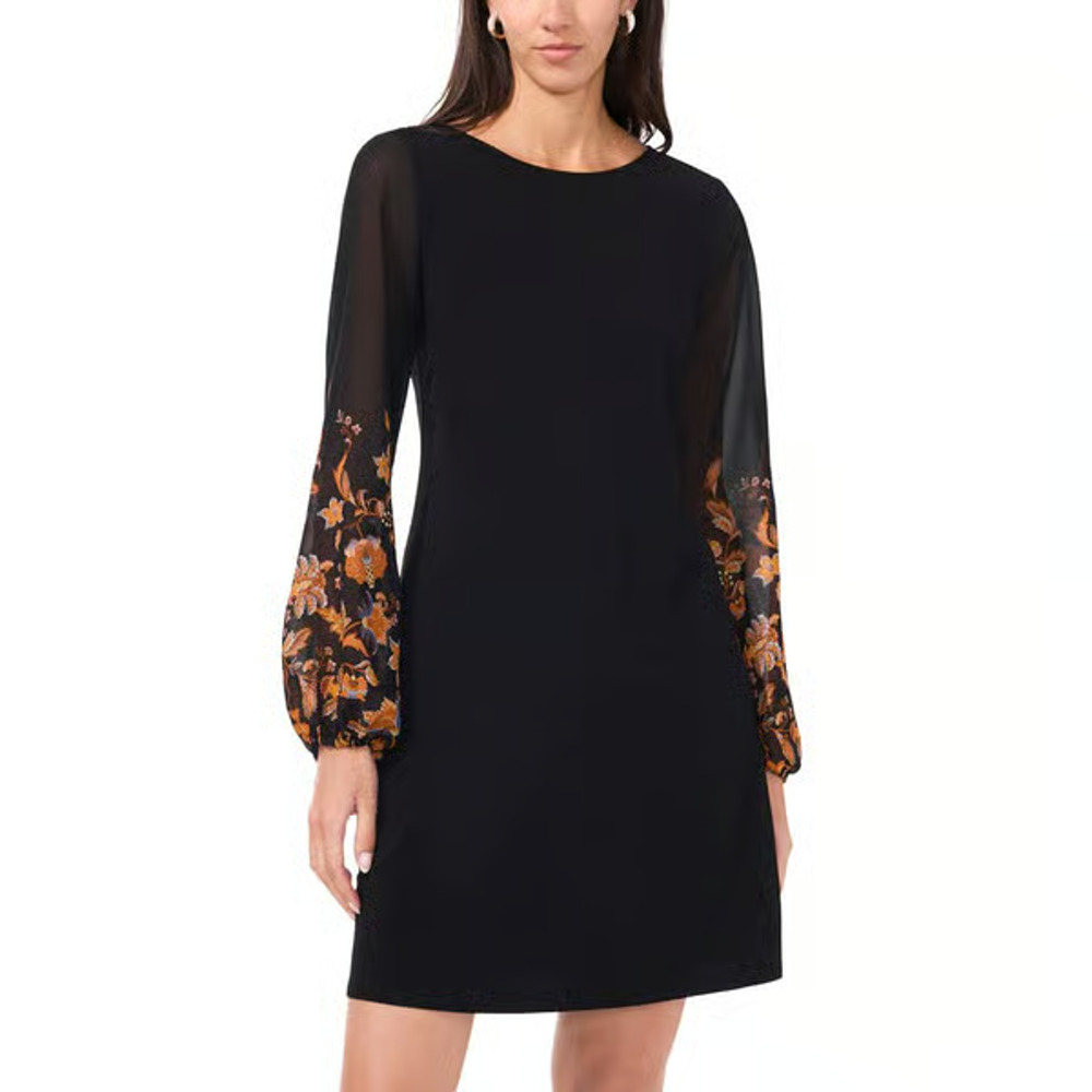 MSK Womens Long Sleeve Floral Shift Dress Black Size XL 3884